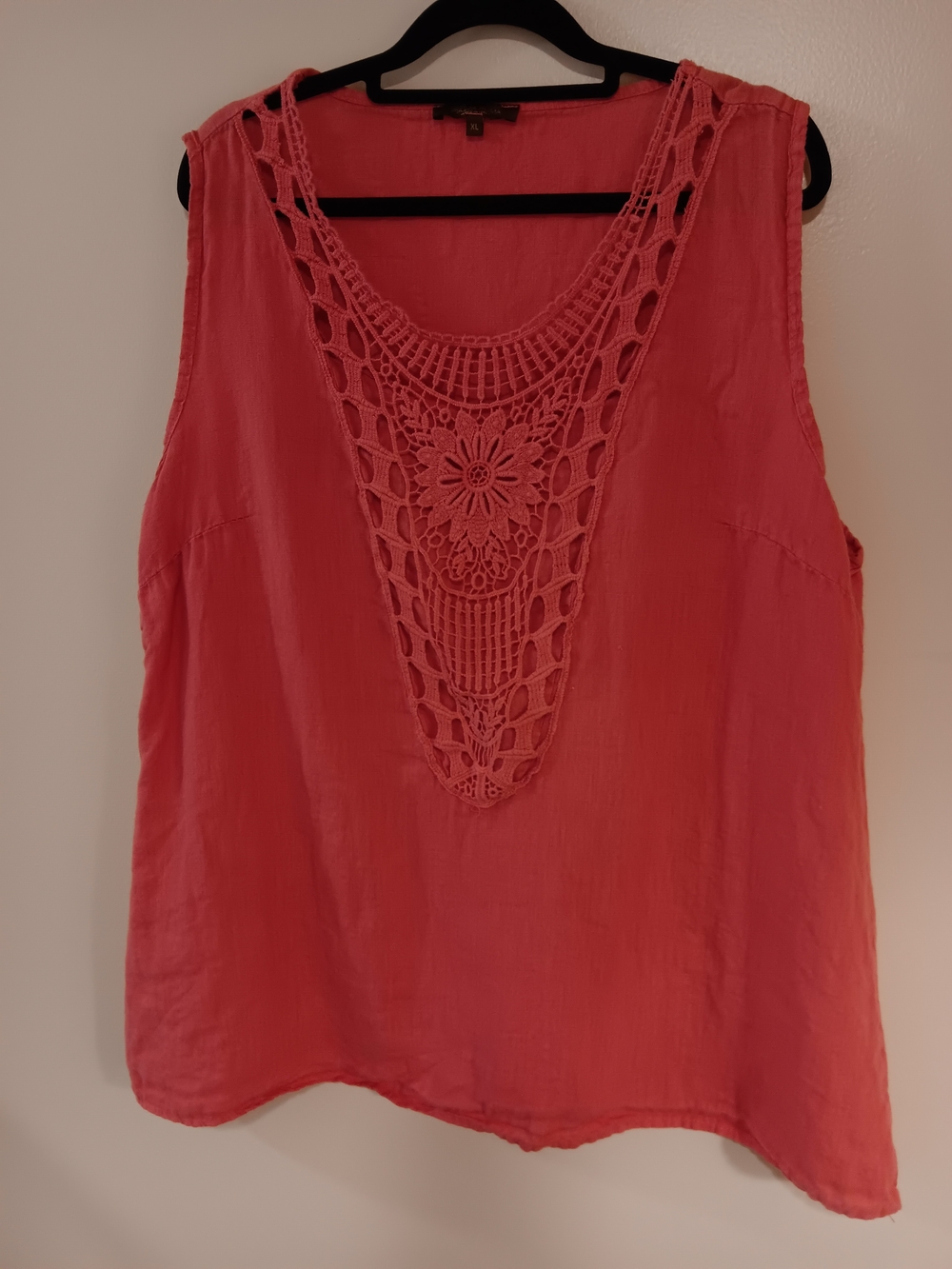 Women’s Linen Crochet Detail Sleeveless Top — Coral Pink